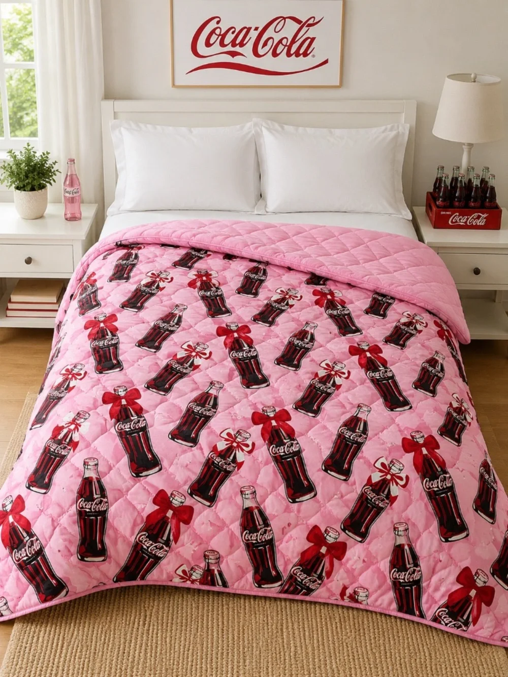 NWT Coca-Cola Pink Reversible Twin Quilt Coke Bottle Bow Bedding 66x86 Retro